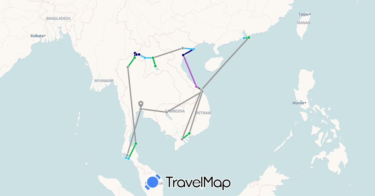 TravelMap itinerary: driving, bus, plane, train, boat, motorbike in China, Cambodia, Laos, Myanmar (Burma), Macau, Thailand, Vietnam (Asia)