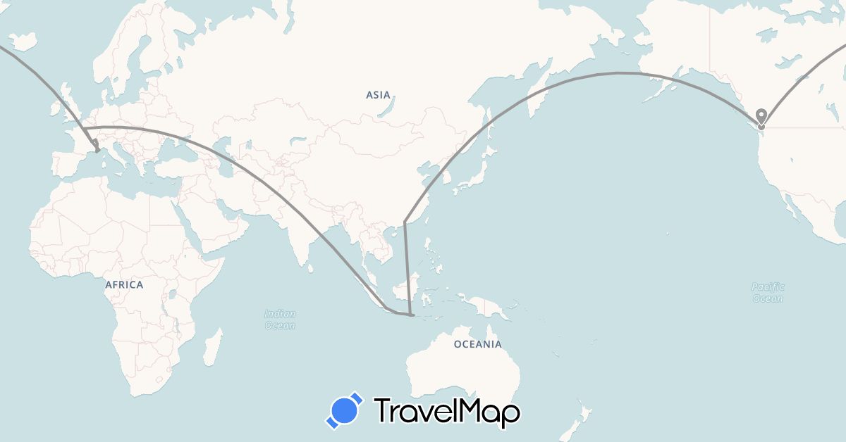 TravelMap itinerary: driving, plane in Canada, Switzerland, China, France, Indonesia (Asia, Europe, North America)